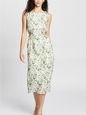 Sleeveless White Midi Dress with Green Floral Print and Side Cutouts
